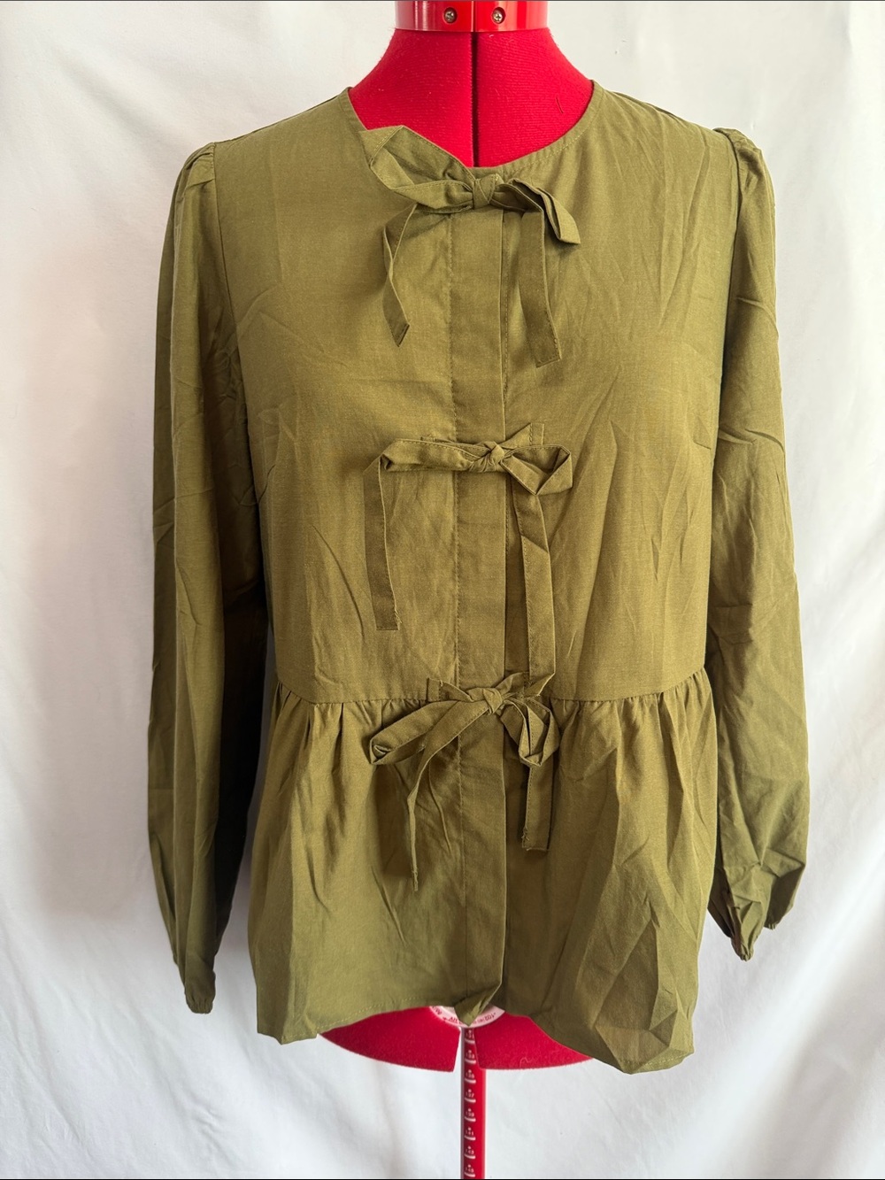 Olive Green Tie-Front Peplum Blouse